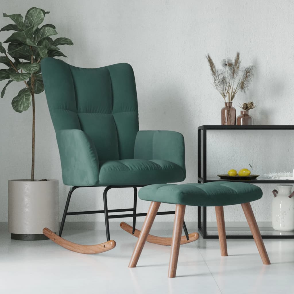 vidaXL Rocking Chair with a Stool Dark Green Velvet