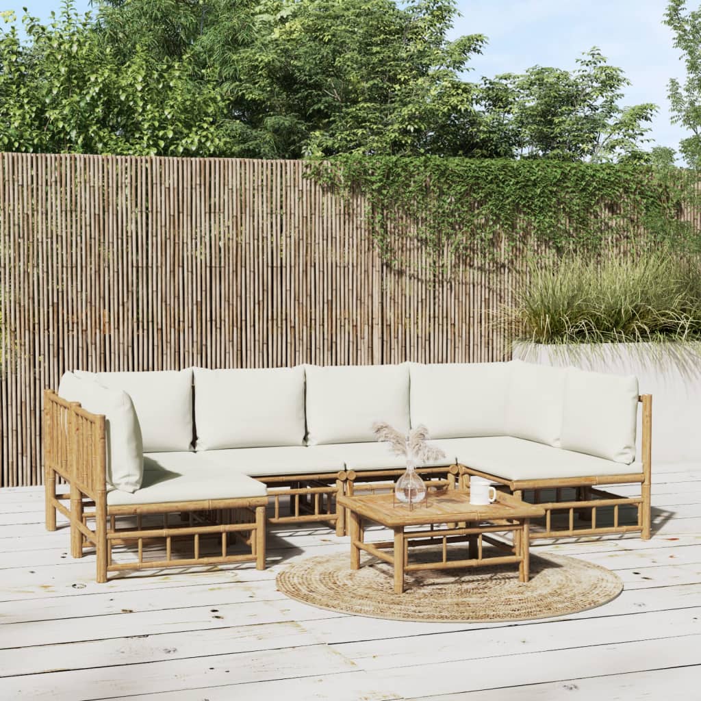 vidaXL 7 Piece Patio Lounge Set with Cream White Cushions Bamboo