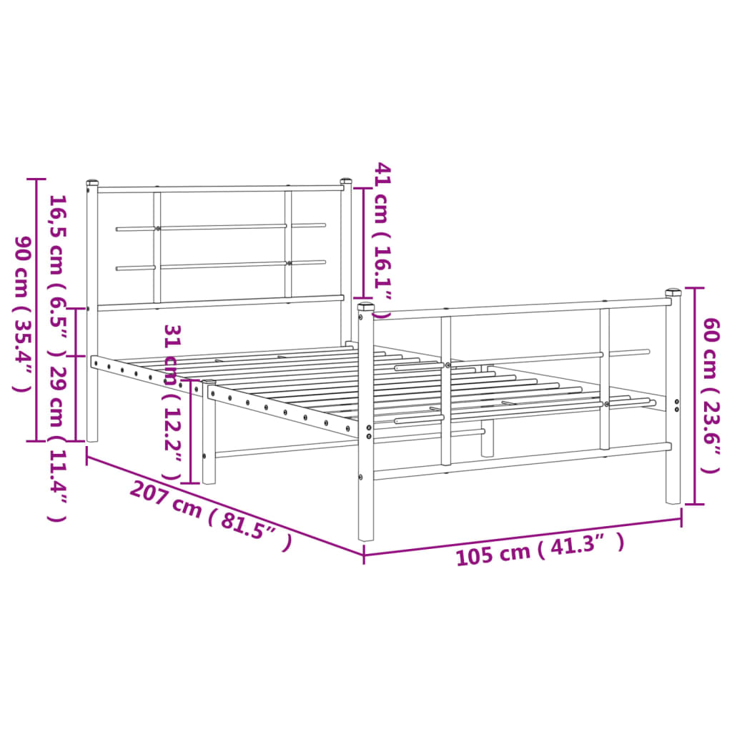 vidaXL Metal Bed Frame without Mattress with Footboard Black 39.4"x78.7"