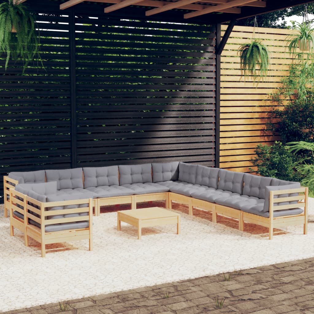 vidaXL 12 Piece Patio Lounge Set with Gray Cushions Solid Pinewood