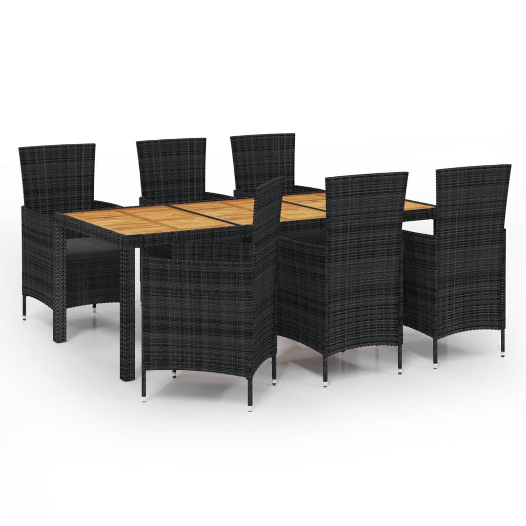 vidaXL 7 Piece Patio Dining Set with Cushions Poly Rattan Black