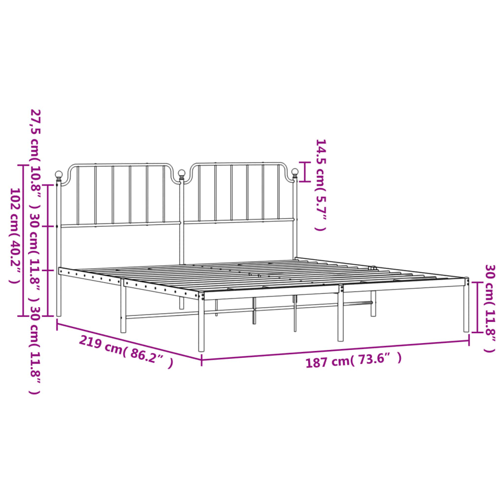 vidaXL Metal Bed Frame without Mattress with Headboard White 72"x83.9"