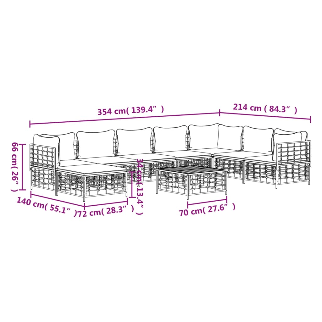 vidaXL 9 Piece Patio Lounge Set with Cushions Anthracite Poly Rattan