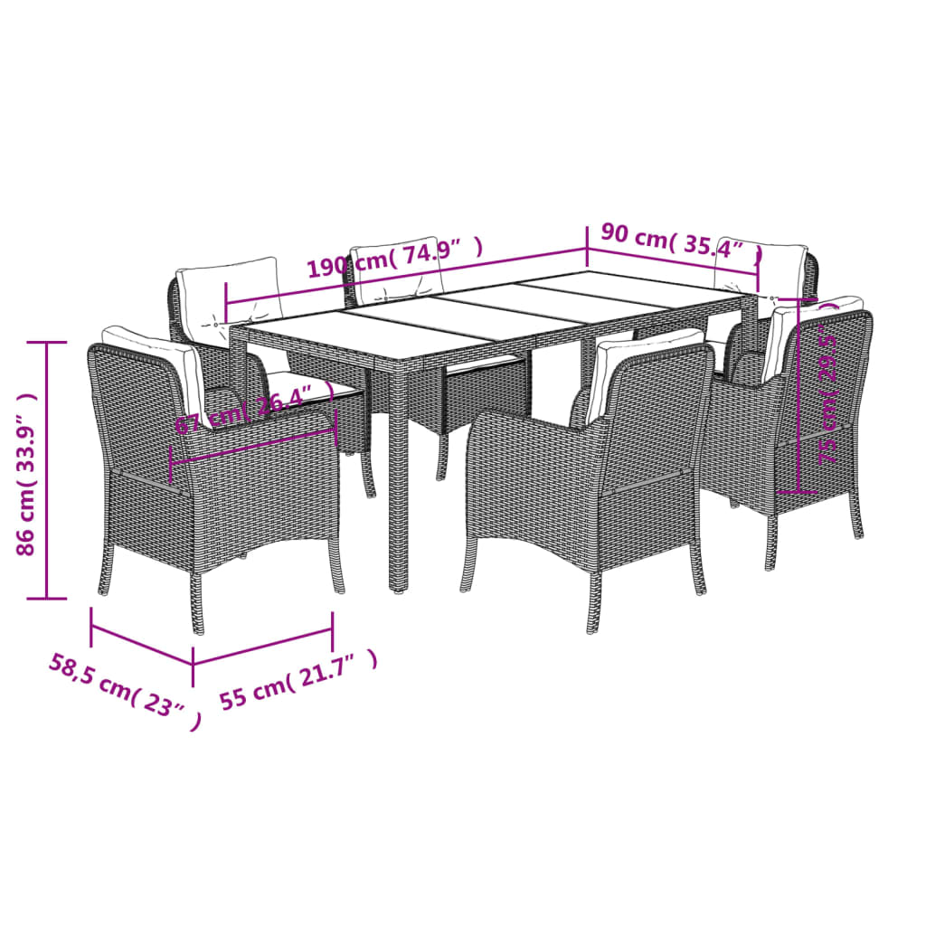 vidaXL 7 Piece Patio Dining Set with Cushions Gray Poly Rattan