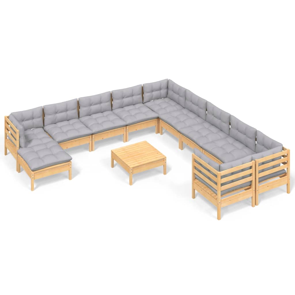 vidaXL 12 Piece Patio Lounge Set with Gray Cushions Pinewood