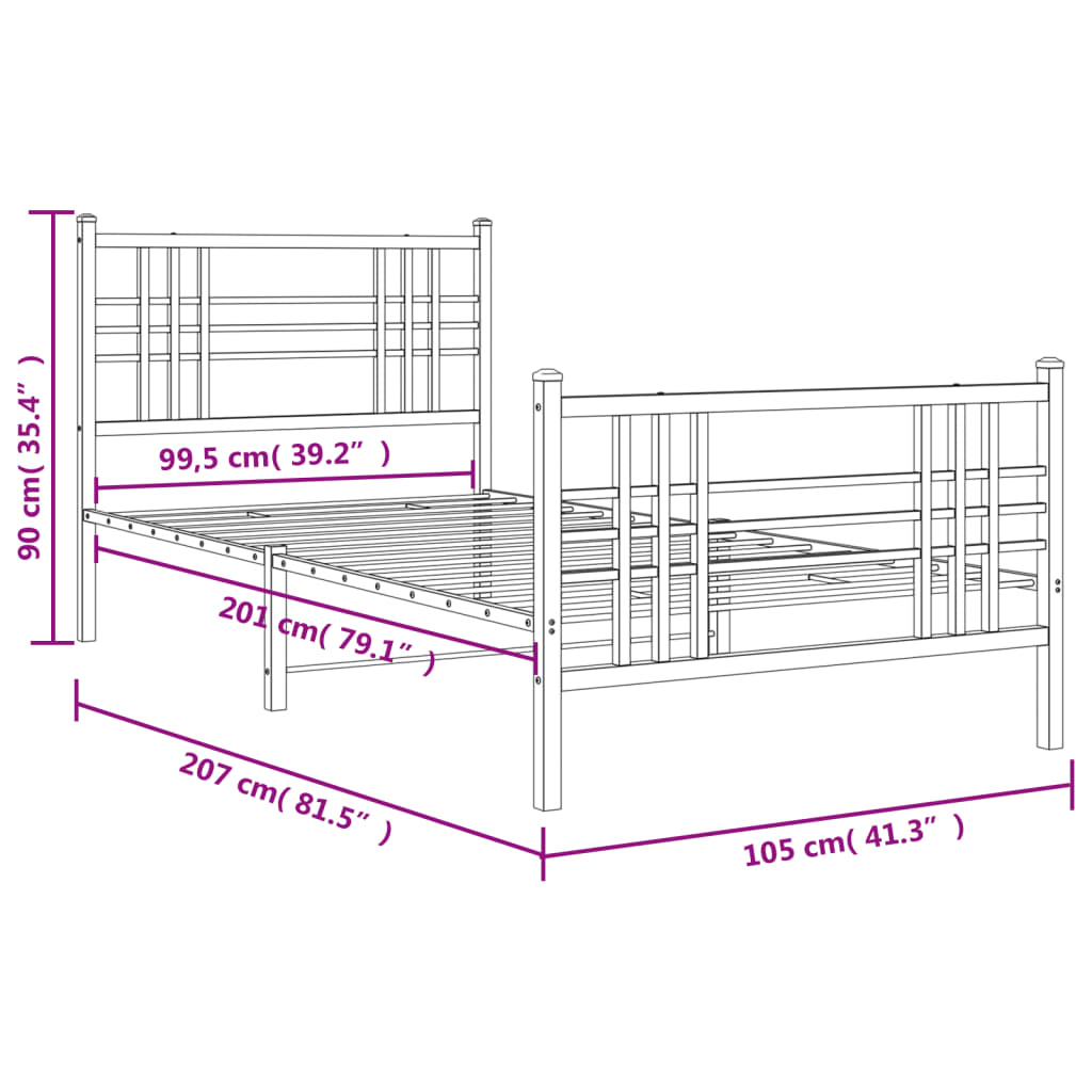 vidaXL Metal Bed Frame without Mattress with Footboard White 39.4"x78.7"