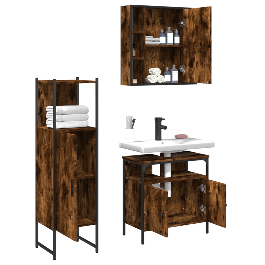 vidaXL 3 Piece Bathroom Cabinet Set Smoked Oak Engineered Wood