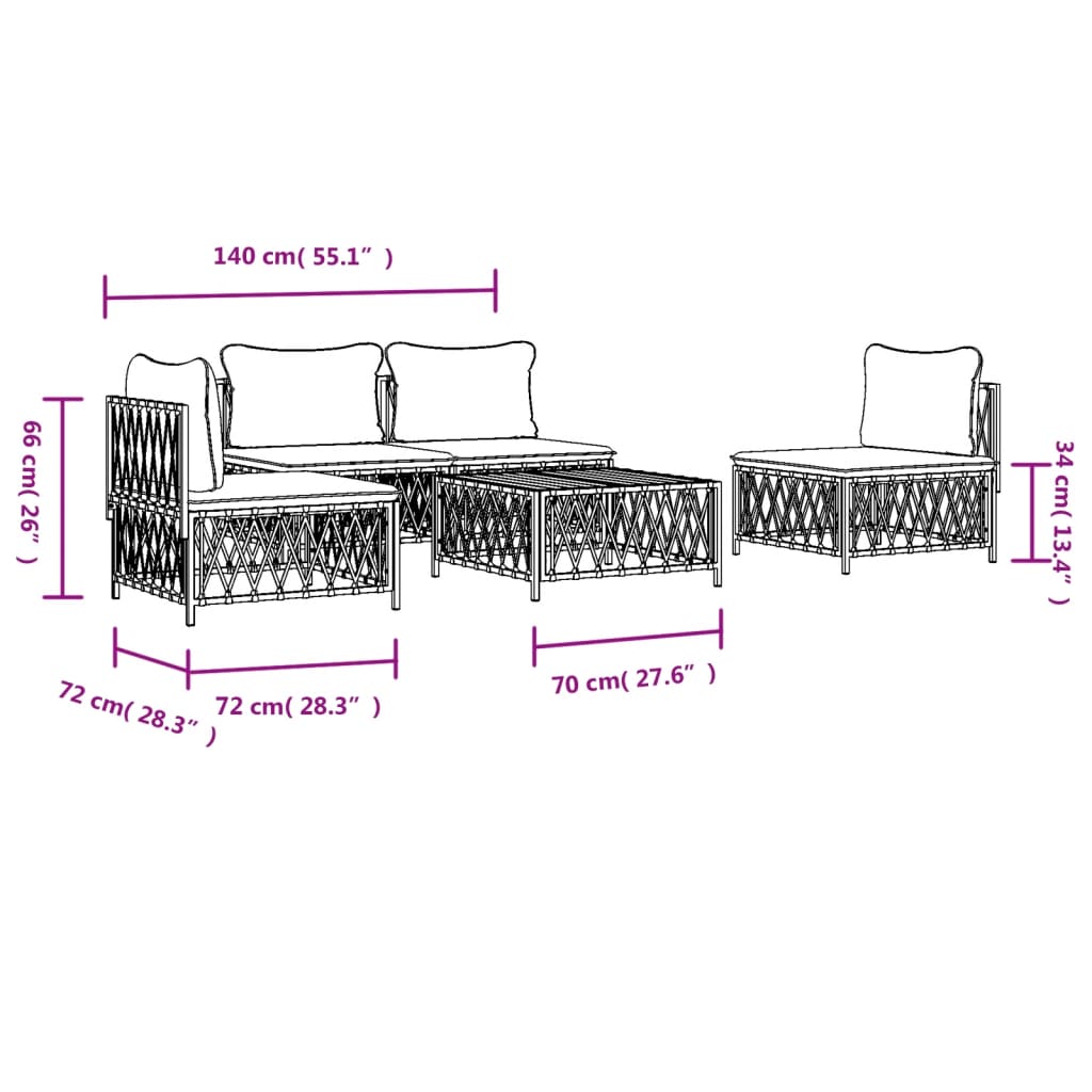 vidaXL 5 Piece Patio Lounge Set with Cushions White Steel