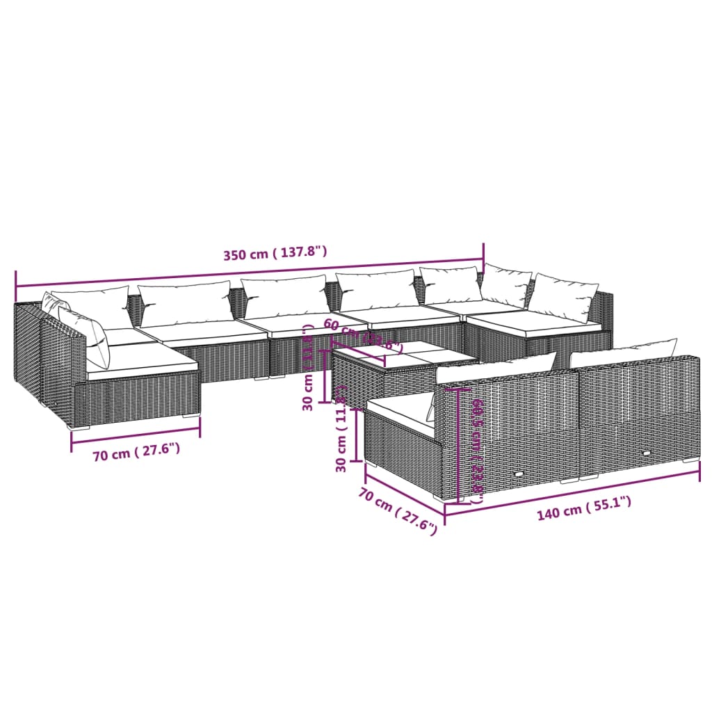 vidaXL 10 Piece Patio Lounge Set with Cushions Brown Poly Rattan