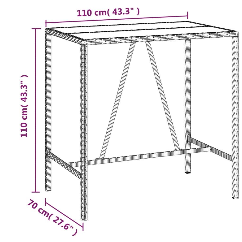 vidaXL Bar Table with Glass Top Black 43.3"x27.6"x43.3" Poly Rattan