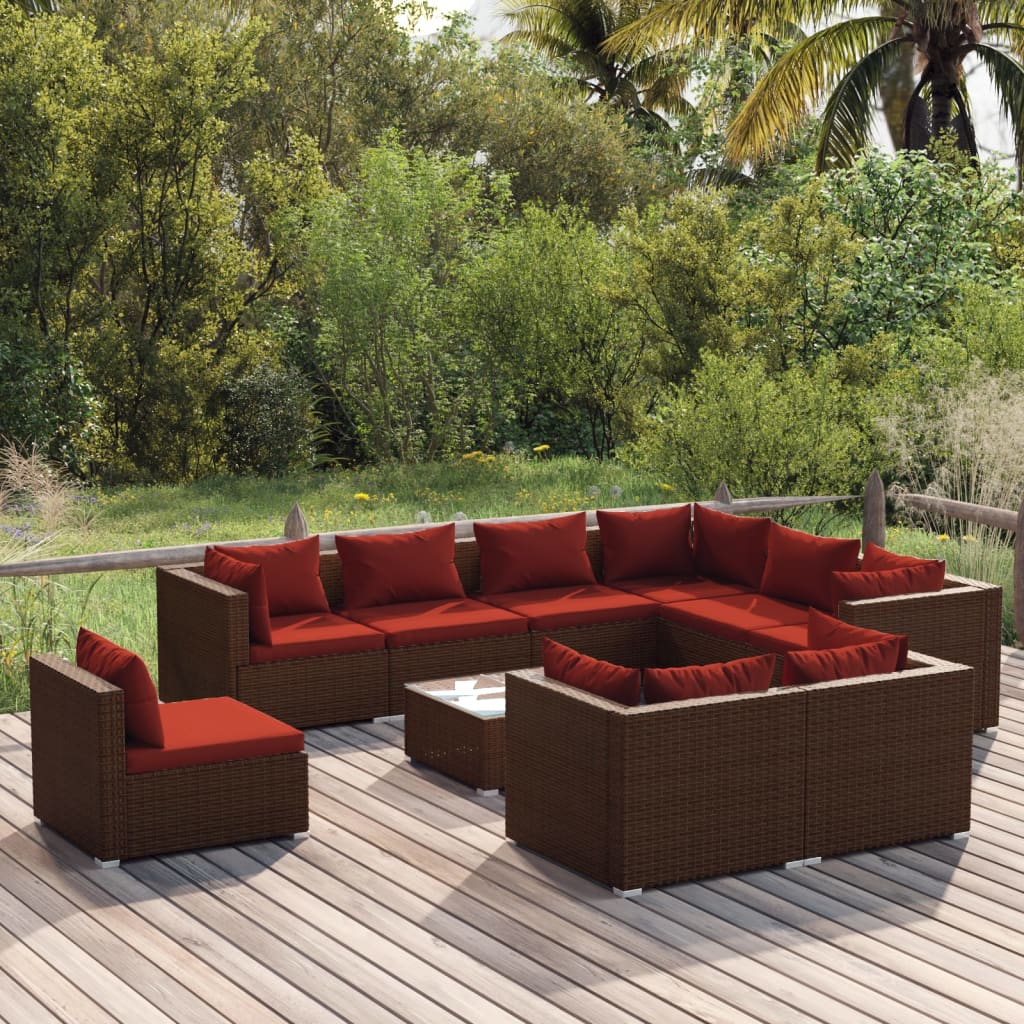 vidaXL 10 Piece Patio Lounge Set with Cushions Poly Rattan Brown