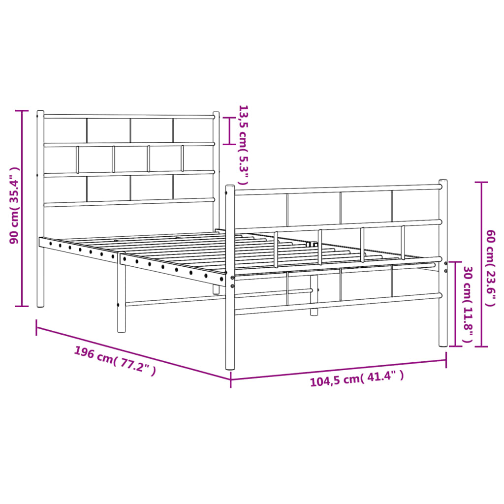 vidaXL Metal Bed Frame without Mattress with Footboard White 39.4"x74.8"