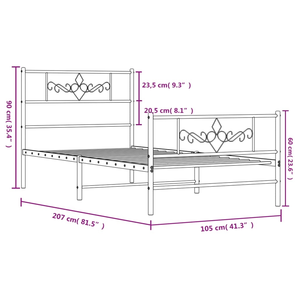 vidaXL Metal Bed Frame without Mattress with Footboard Black 39.4"x78.7"