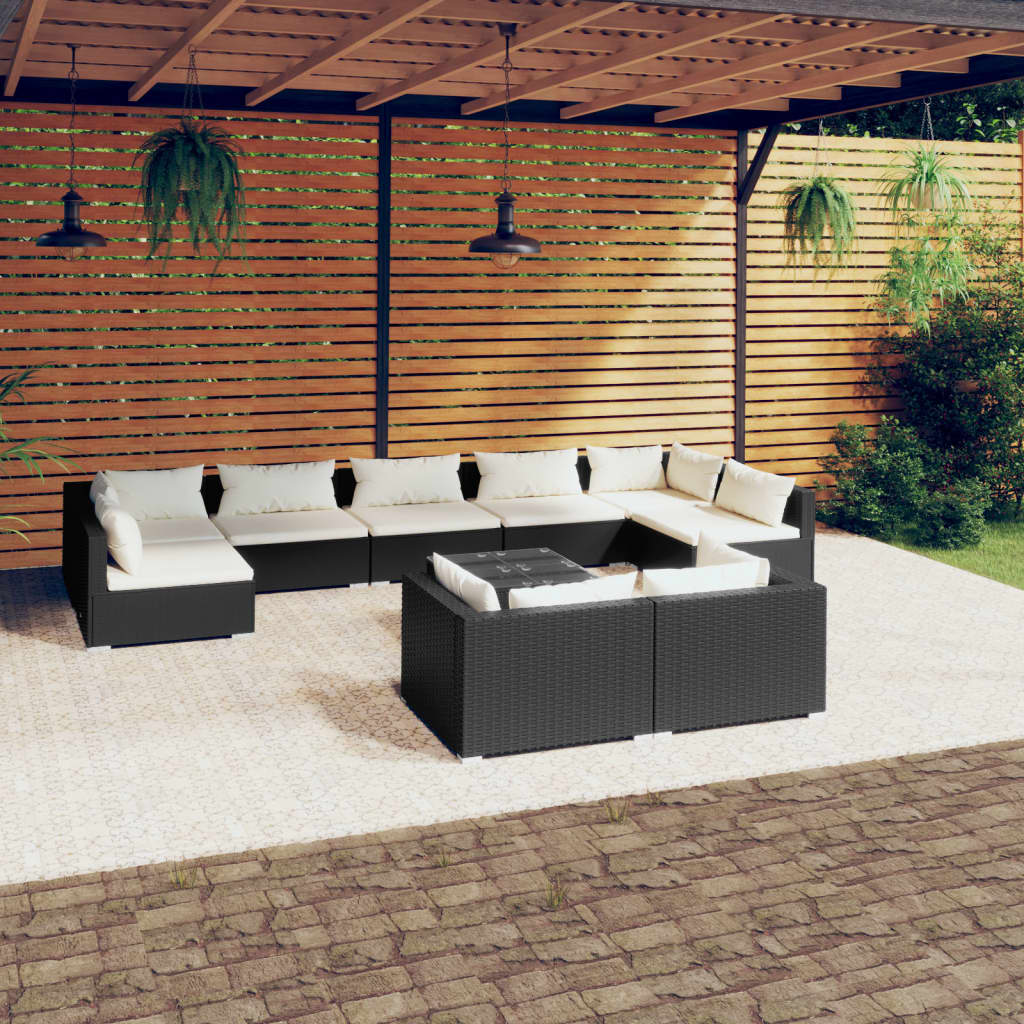 vidaXL 10 Piece Patio Lounge Set with Cushions Black Poly Rattan