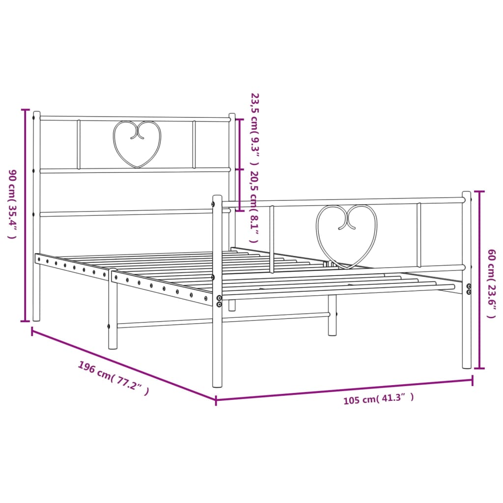 vidaXL Metal Bed Frame without Mattress with Footboard Black 39.4"x74.8"