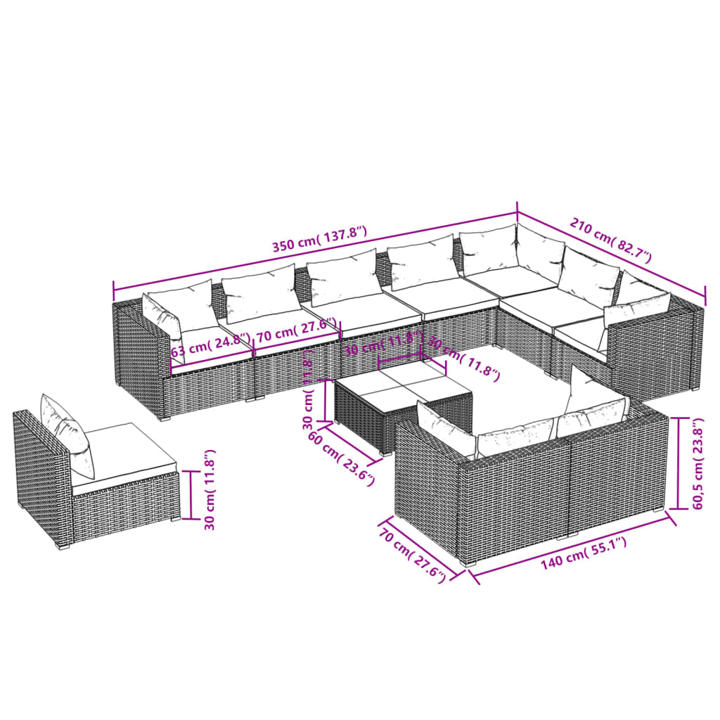 vidaXL 11 Piece Patio Lounge Set with Cushions Poly Rattan Brown