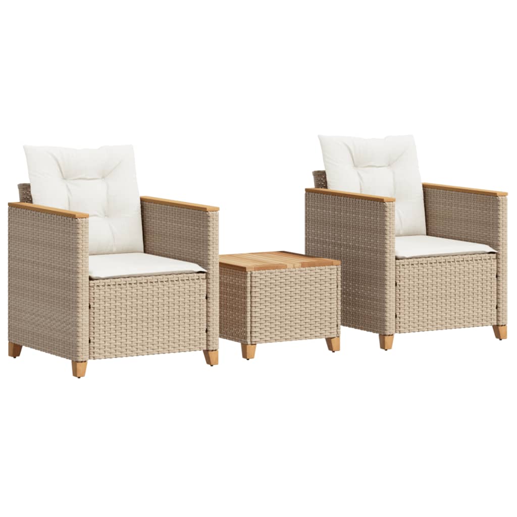 vidaXL 3 Piece Bistro Set with Cushions Beige Poly Rattan Acacia Wood