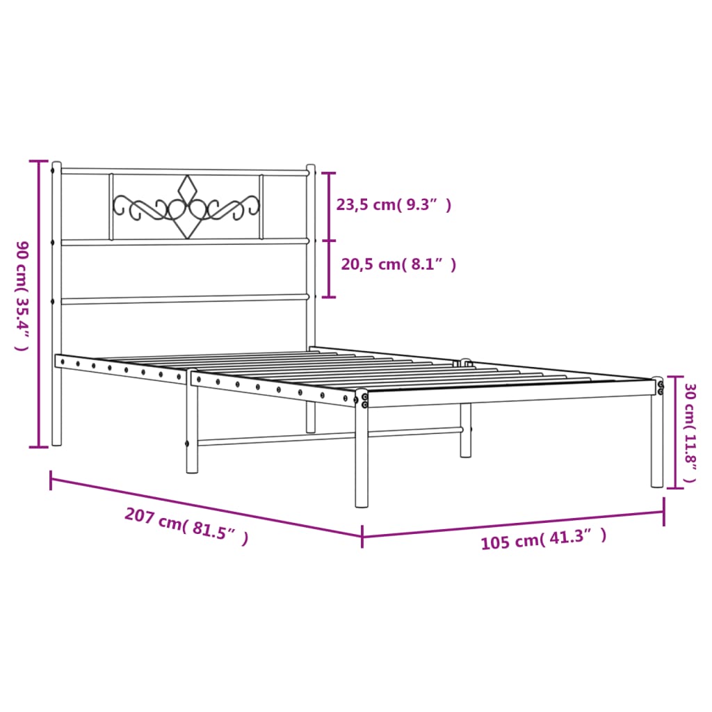 vidaXL Metal Bed Frame without Mattress with Headboard White 39.4"x78.7"