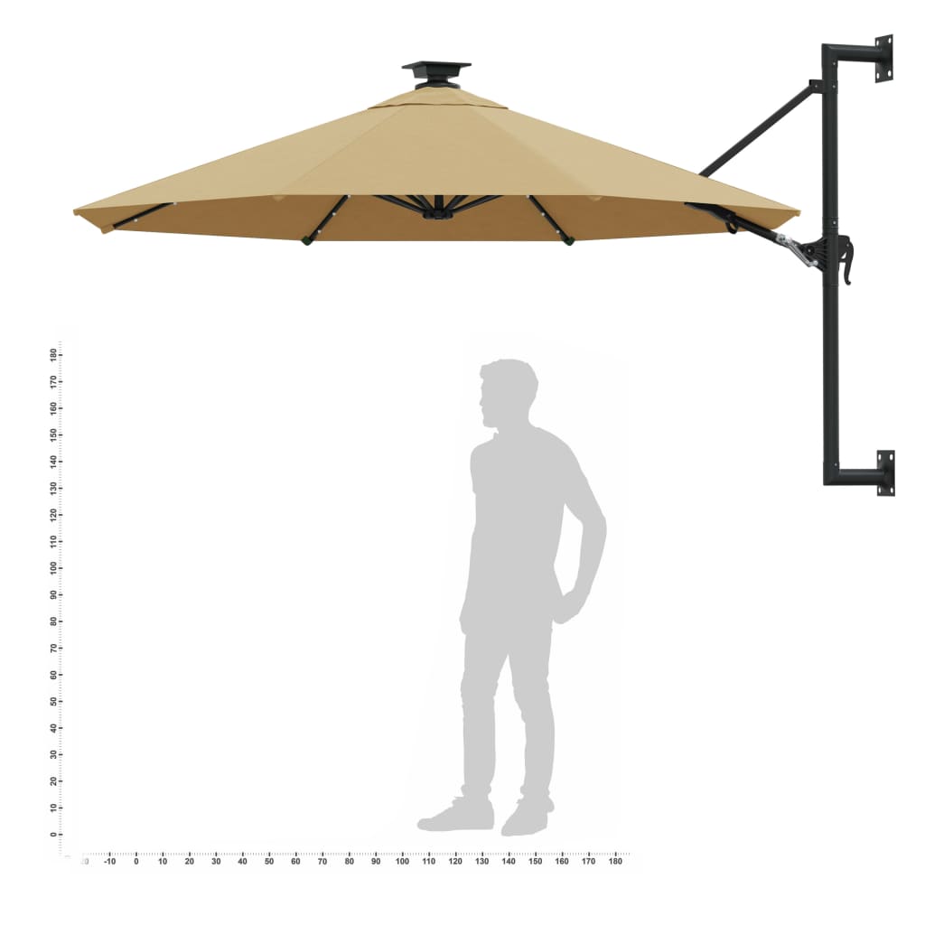 vidaXL Wall-mounted Garden Parasol with LEDs and Metal Pole 118.1" Taupe