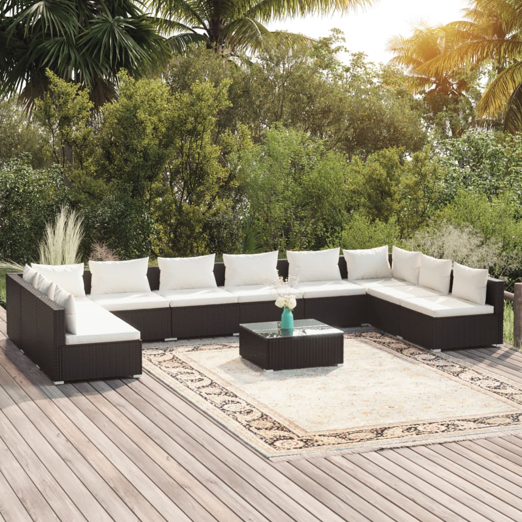 vidaXL 11 Piece Patio Lounge Set with Cushions Poly Rattan Black