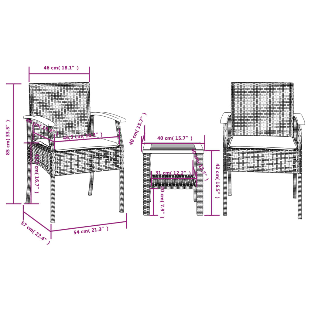 vidaXL 3 Piece Bistro Set with Cushions Beige Poly Rattan Acacia Wood