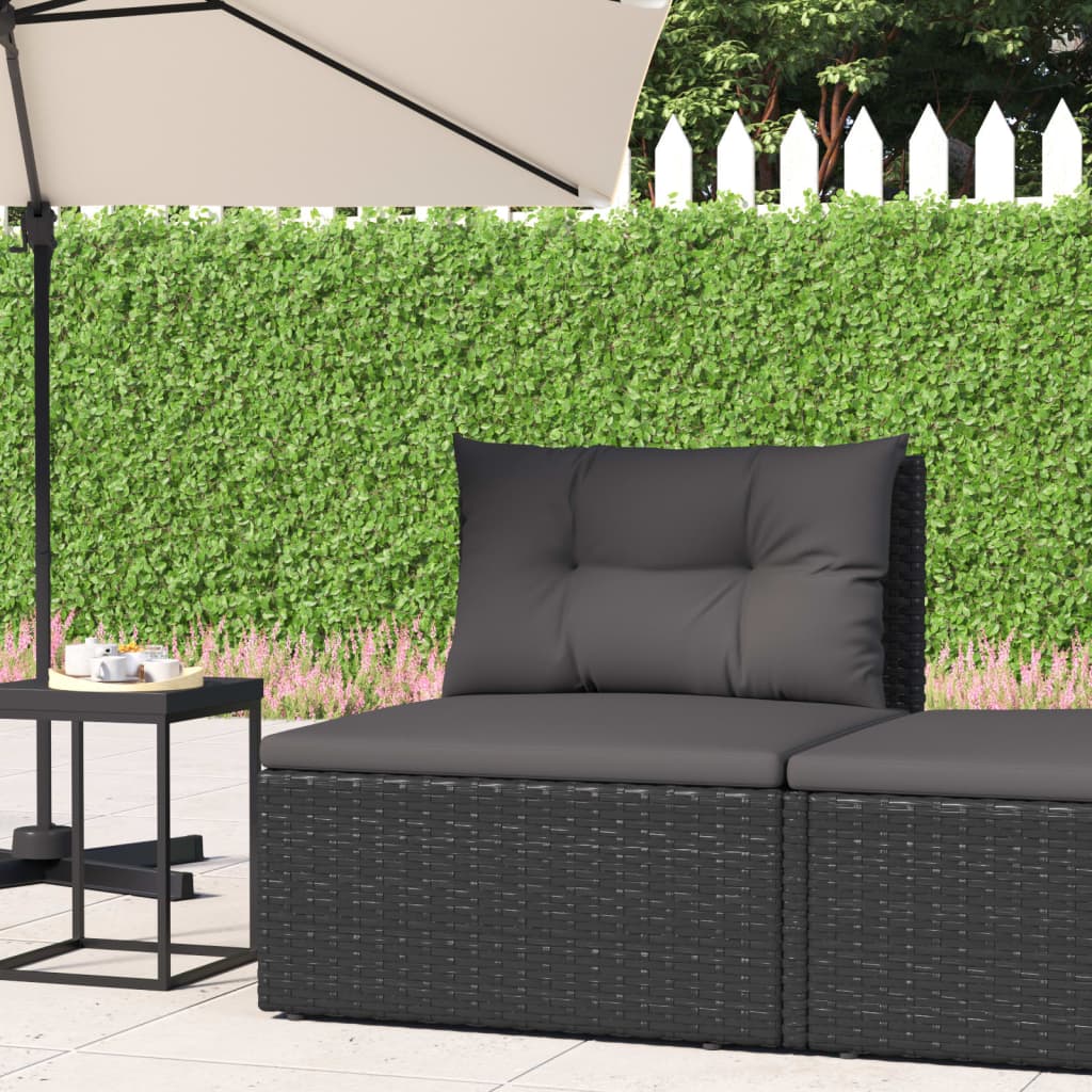 vidaXL Patio Middle Sofa with Cushions Black Poly Rattan