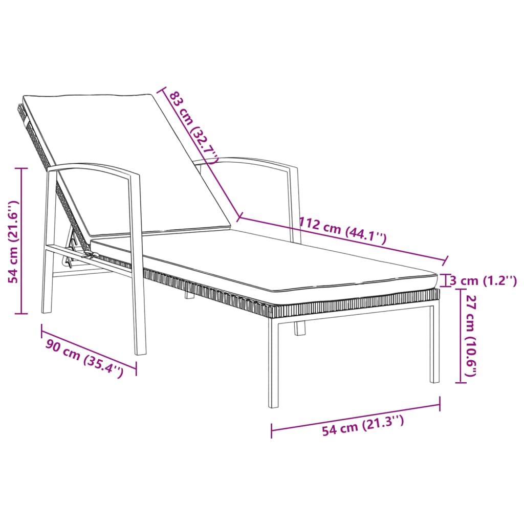 vidaXL Patio Sun Lounger with Cushion Poly Rattan Black