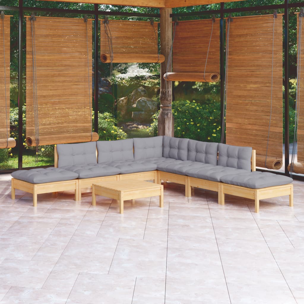 vidaXL 8 Piece Patio Lounge Set with Gray Cushions Pinewood