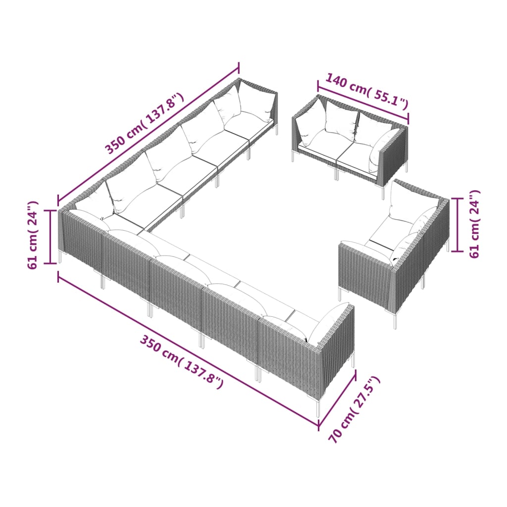 vidaXL 13 Piece Patio Lounge Set with Cushions Poly Rattan Dark Gray