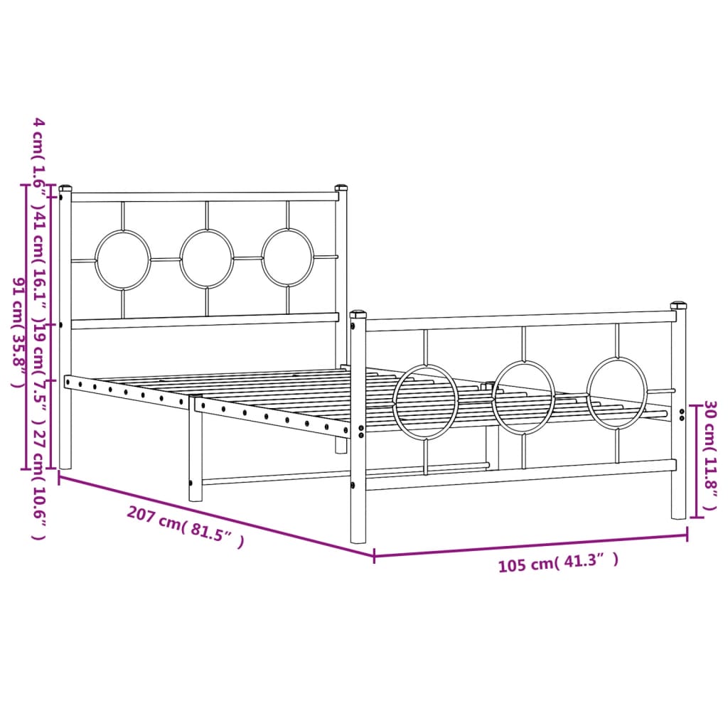 vidaXL Metal Bed Frame without Mattress with Footboard White 39.4"x78.7"