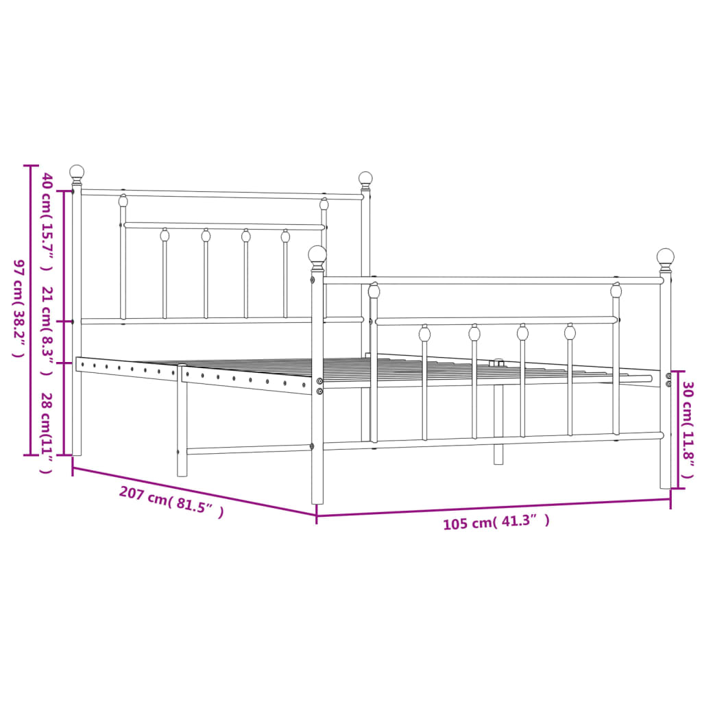 vidaXL Metal Bed Frame without Mattress with Footboard White 39.4"x78.7"