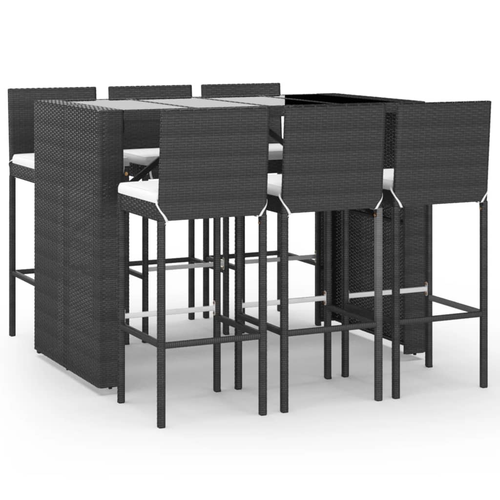 vidaXL 7 Piece Patio Bar Set with Cushions Black Poly Rattan