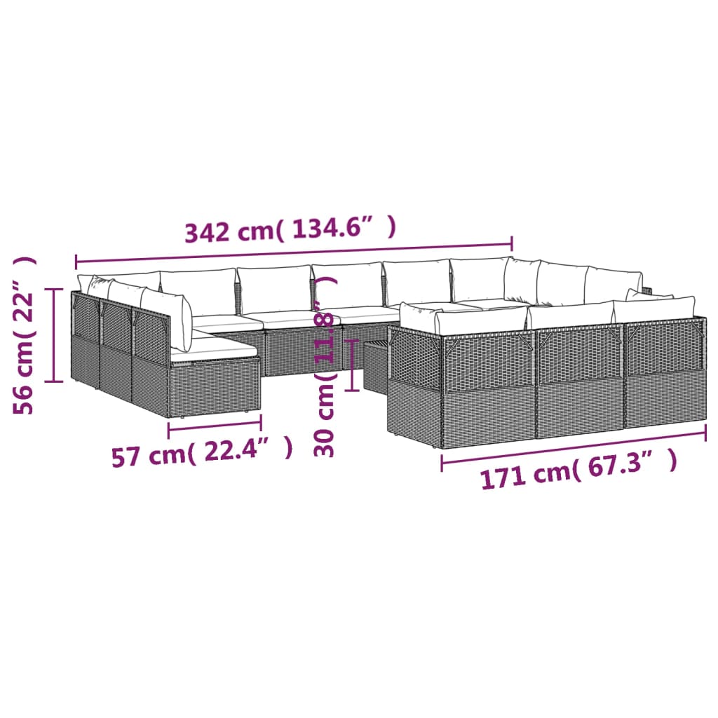 vidaXL 14 Piece Patio Lounge Set with Cushions Gray Poly Rattan