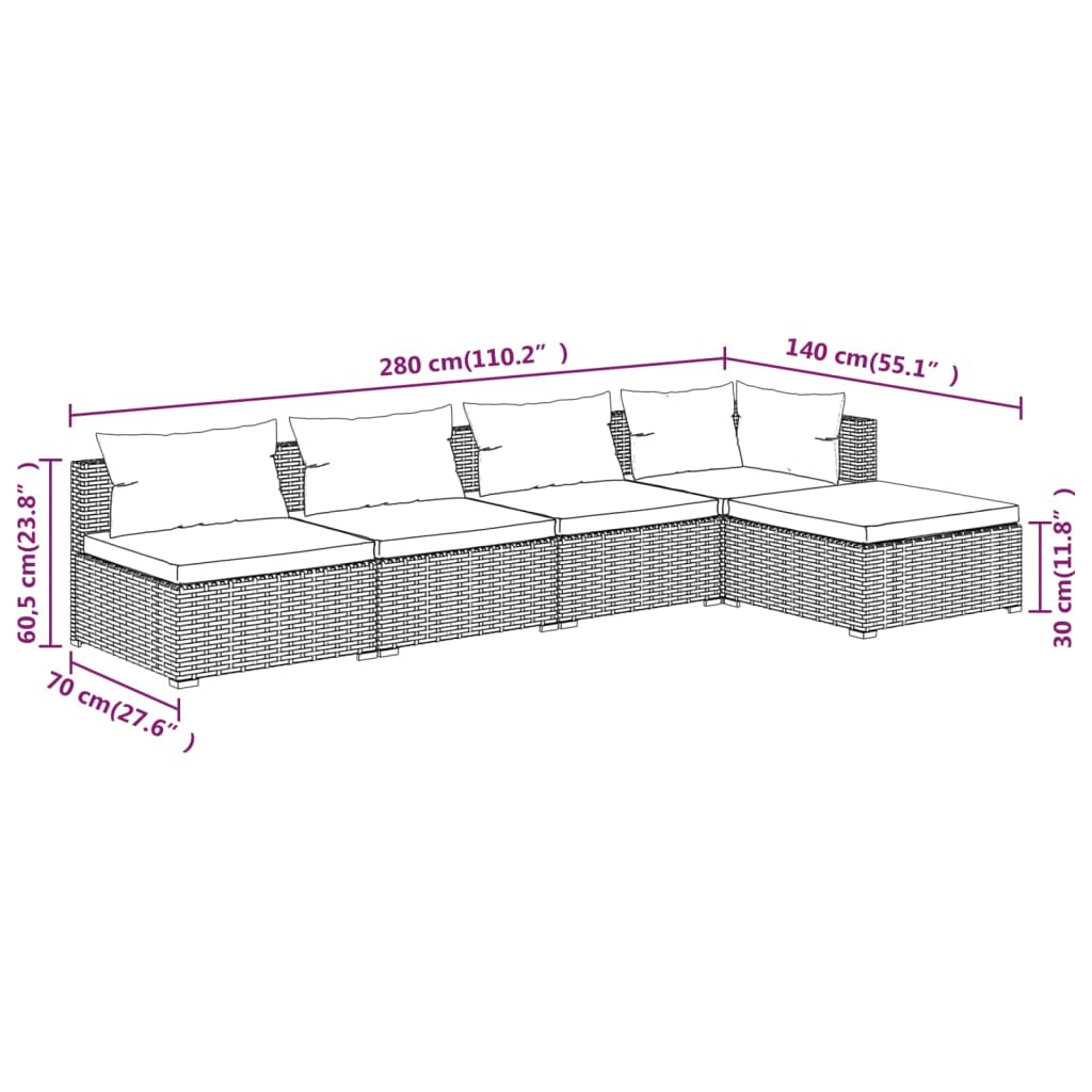 vidaXL 5 Piece Garden Lounge Set with Cushions Poly Rattan Gray