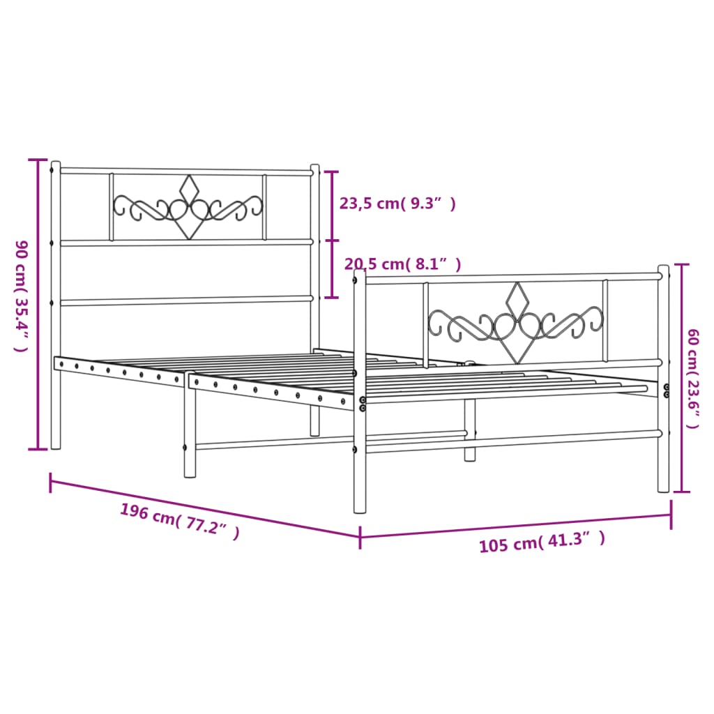 vidaXL Metal Bed Frame without Mattress with Footboard White 39.4"x74.8"