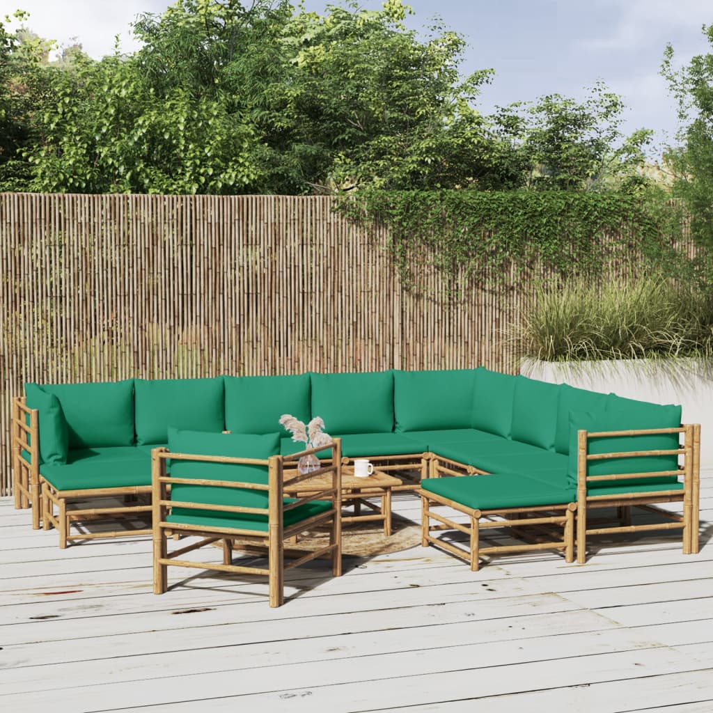 vidaXL 12 Piece Patio Lounge Set with Green Cushions Bamboo