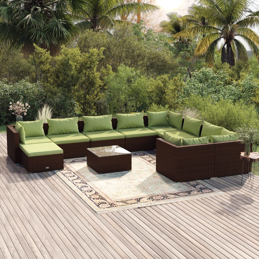 vidaXL 11 Piece Patio Lounge Set with Cushions Poly Rattan Brown