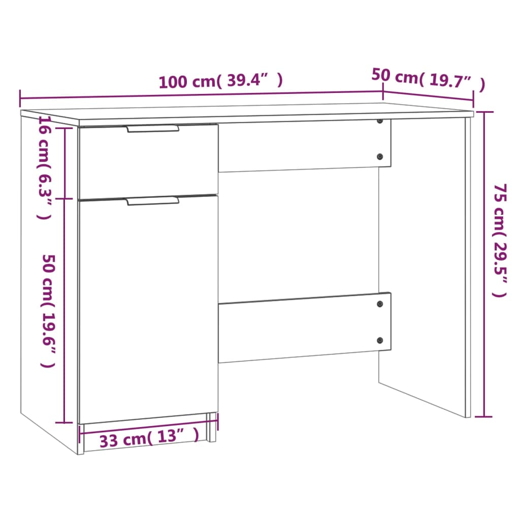 vidaXL Desk High Gloss White 39.4"x19.7"x29.5" Engineered Wood