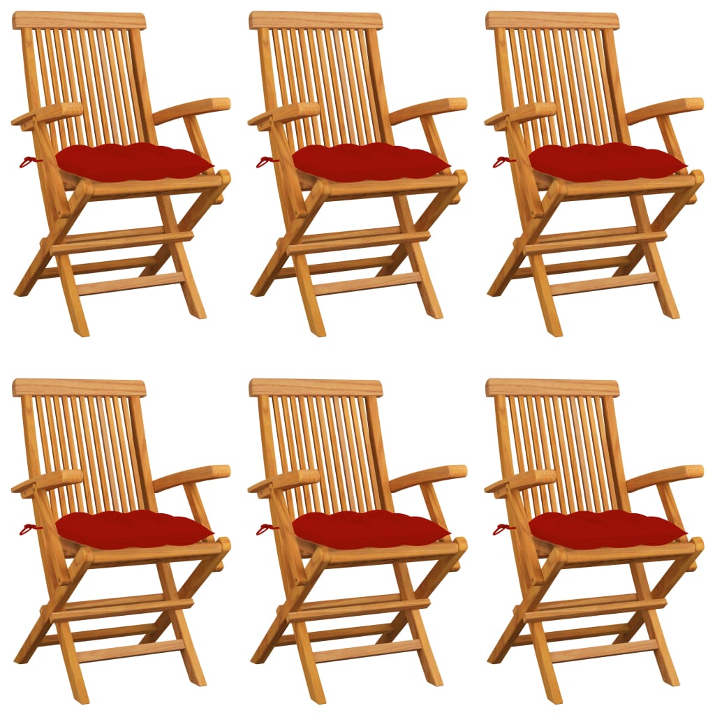 vidaXL Patio Chairs with Red Cushions 6 pcs Solid Teak Wood