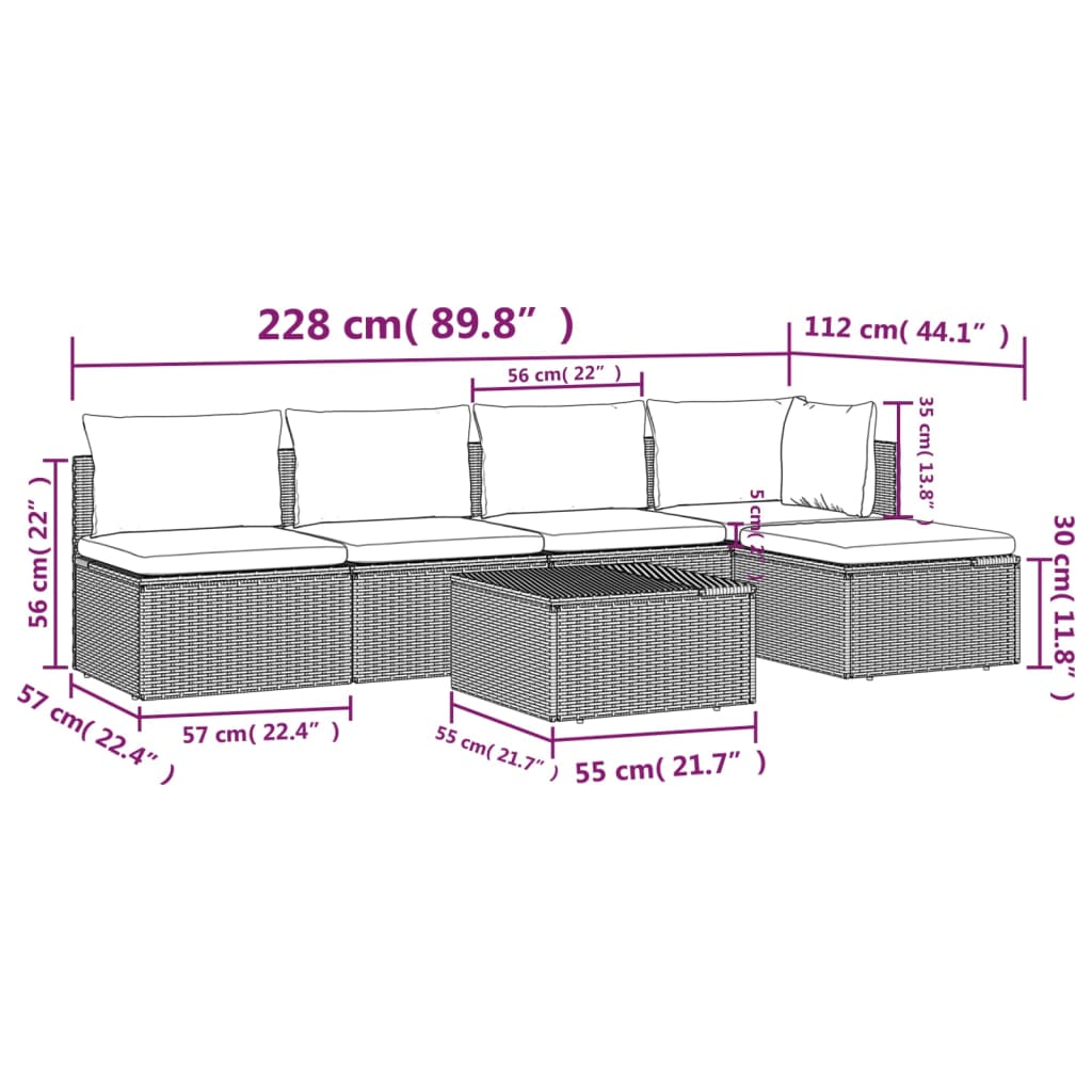 vidaXL 6 Piece Patio Lounge Set with Cushions Gray Poly Rattan