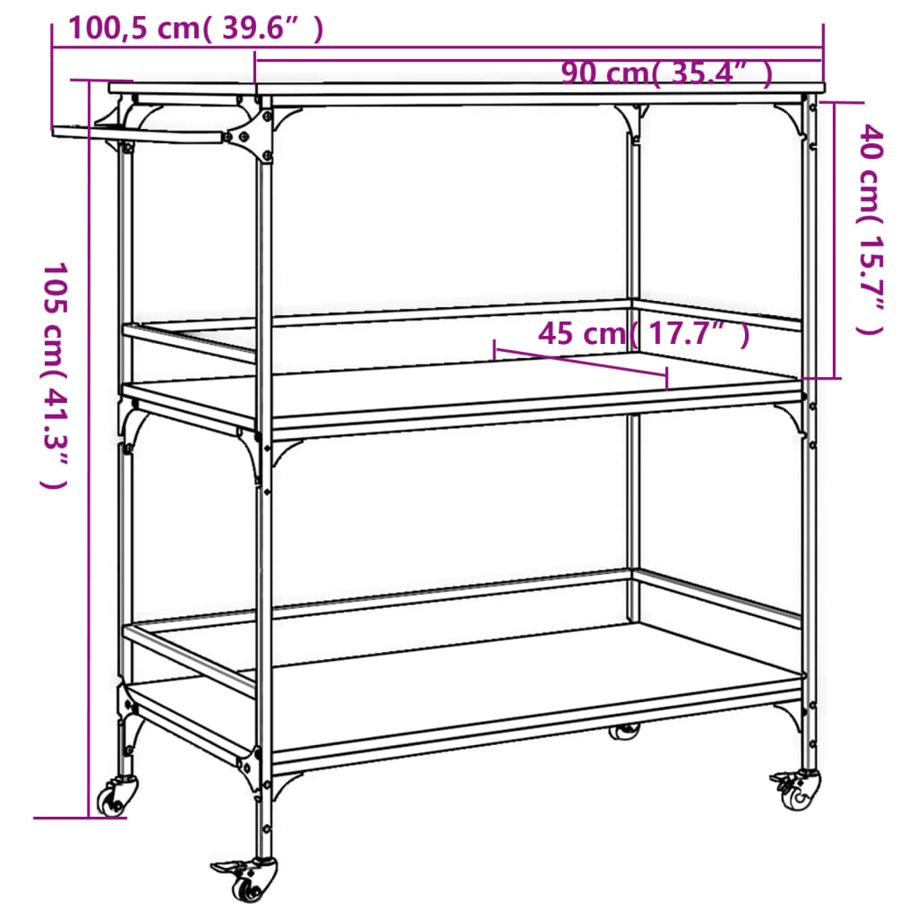 vidaXL Kitchen Trolley Smoked Oak 39.6"x19.7"x41.3" Engineered Wood