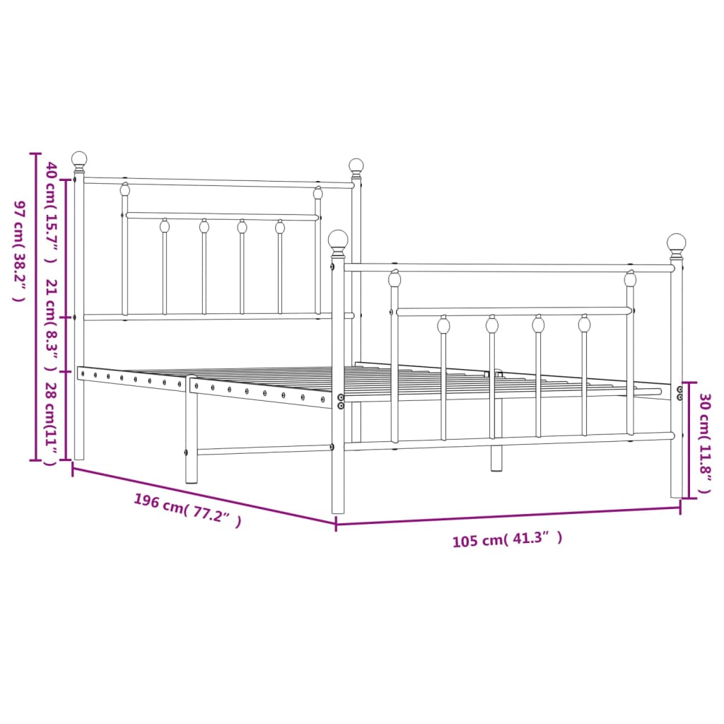 vidaXL Metal Bed Frame without Mattress with Footboard White 39.4"x74.8"