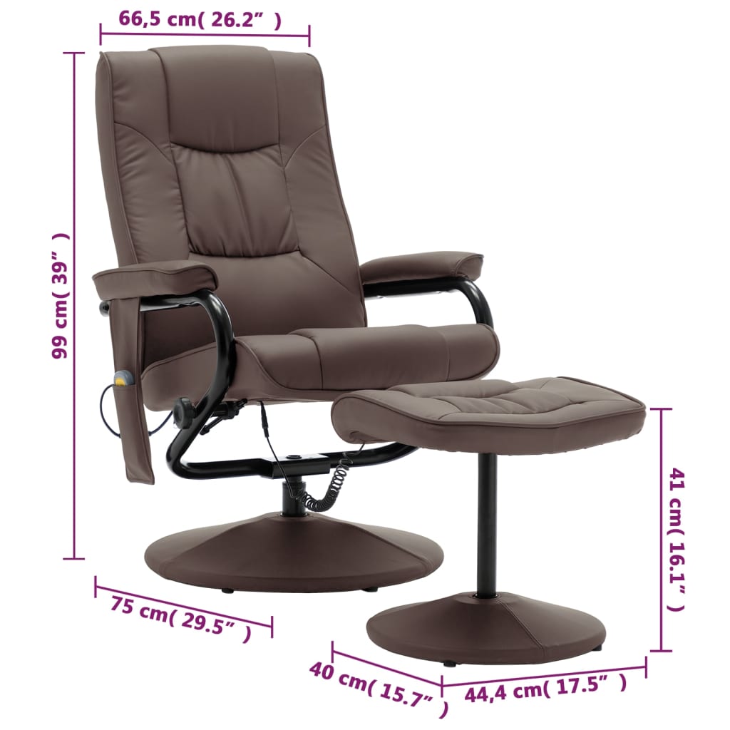 vidaXL Massage Recliner with Ottoman Brown Faux Leather