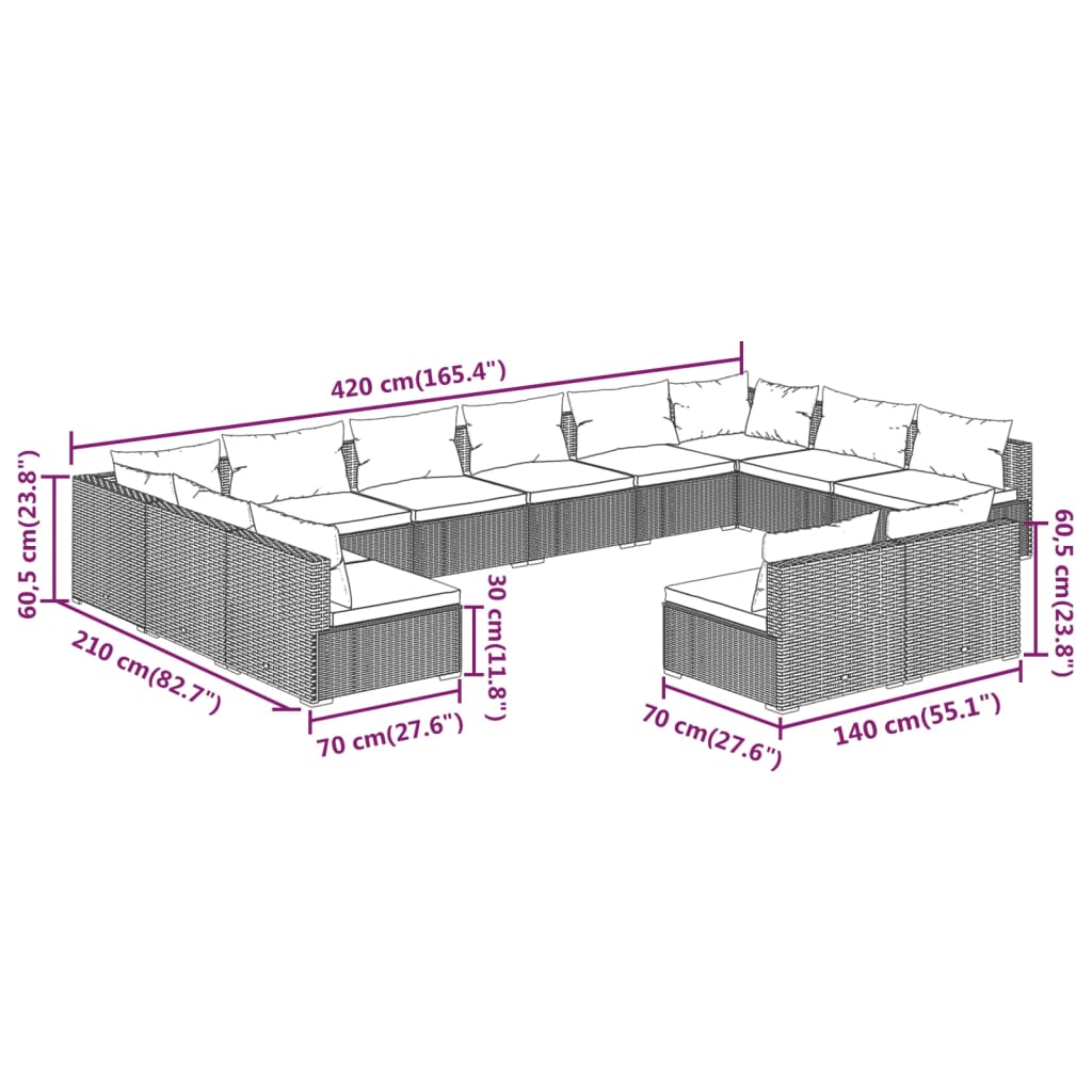 vidaXL 12 Piece Patio Lounge Set with Cushions Gray Poly Rattan