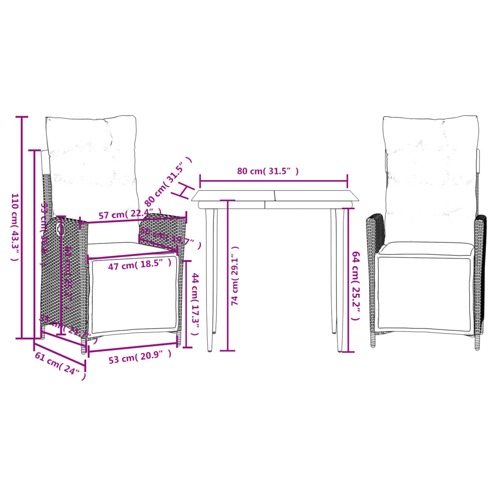 vidaXL 3 Piece Patio Dining Set with Cushions Brown Poly Rattan