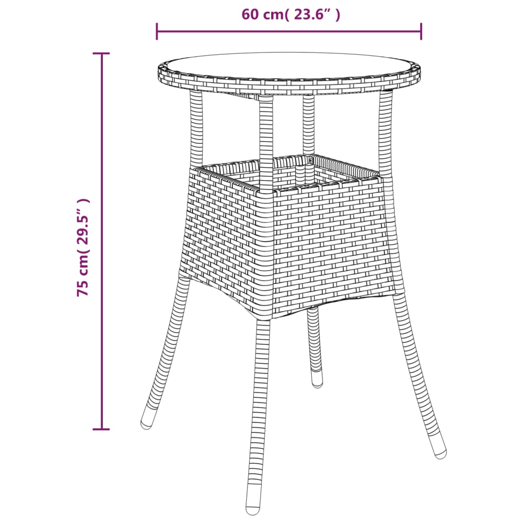 vidaXL Patio Table Ø23.6"x29.5" Tempered Glass and Poly Rattan Brown