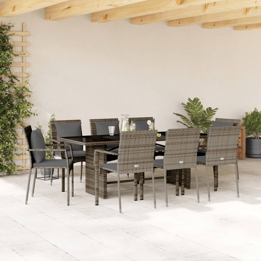 vidaXL 9 Piece Patio Dining Set with Cushions Gray Poly Rattan