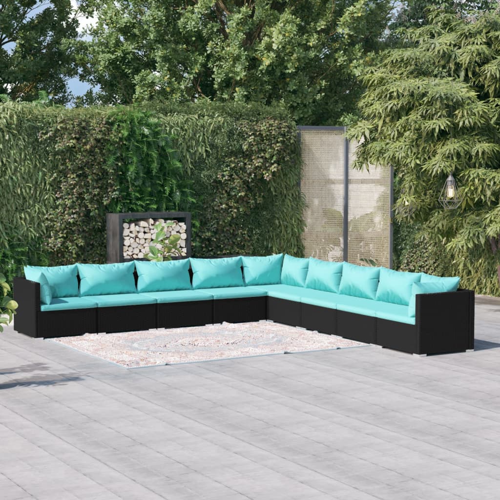 vidaXL 9 Piece Patio Lounge Set with Cushions Poly Rattan Black