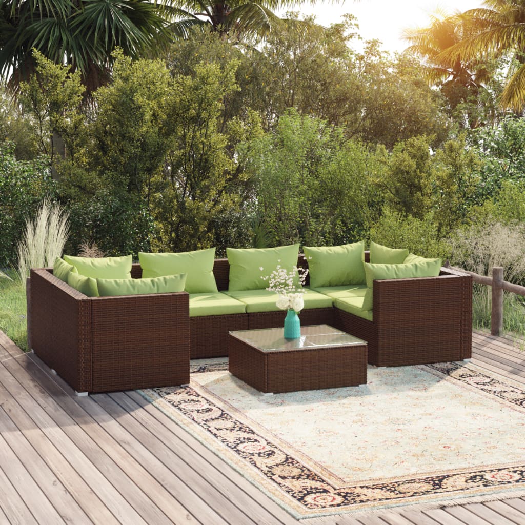 vidaXL 7 Piece Patio Lounge Set with Cushions Poly Rattan Brown