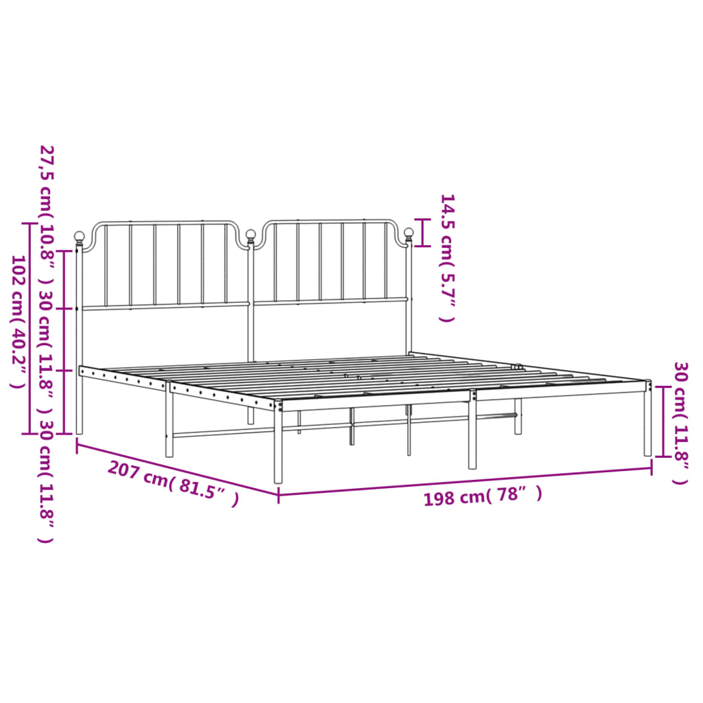 vidaXL Metal Bed Frame without Mattress with Headboard White 76"x79.9"